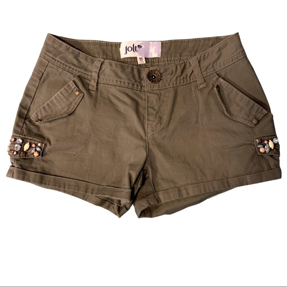 Jolt Army Green Embellished Shorts - Size 00